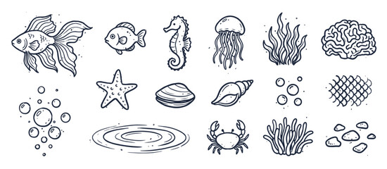 Fototapeta premium Hand-drawn set of sea life illustrations featuring a fish, crab, seahorse, jellyfish, and starfish in a monochrome doodle style with vintage line art details for a charming aquatic theme