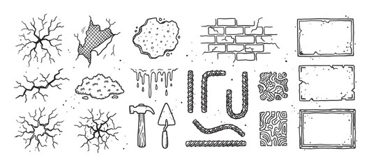 Hand drawn construction and damage elements set with cracked walls, rebar, brickwork, hammer, and trowel in a black and white doodle style illustration collection