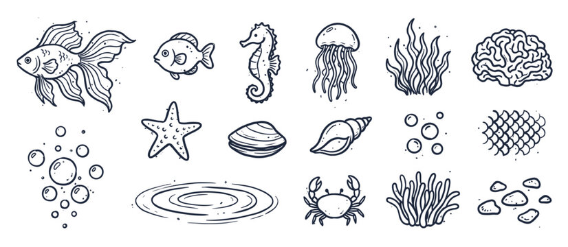 Hand-drawn set of sea life illustrations featuring a fish, crab, seahorse, jellyfish, and starfish in a monochrome doodle style with vintage line art details for a charming aquatic theme