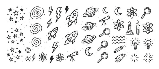 Obraz premium Collection of black hand-drawn doodle icons for science and space themes, featuring rockets, planets, atoms, stars, telescopes, and lightbulbs in a cute, simple sketch illustration style
