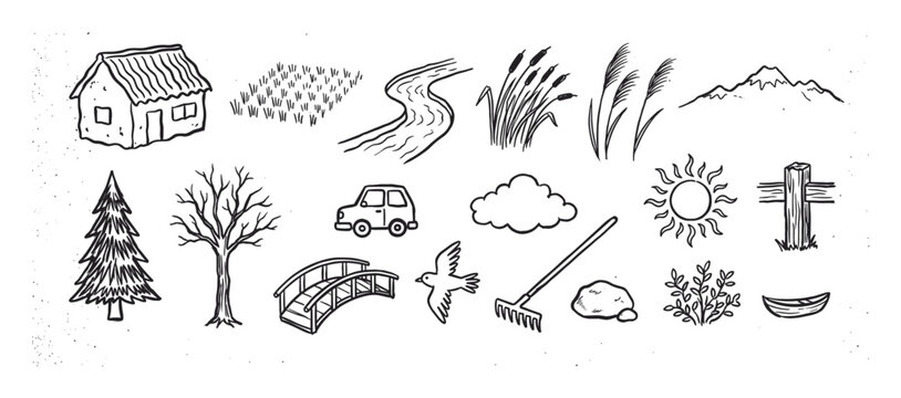 Set of hand-drawn black ink doodle illustrations depicting various rural and nature elements like a house, car, tree, river, and sun in a charming, rustic, sketchy style