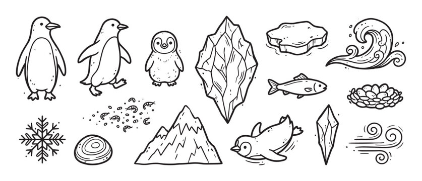 Set of hand-drawn arctic and antarctic doodles featuring cute penguins, an iceberg, a fish, a snowflake, and other winter elements in a simple line art cartoon style