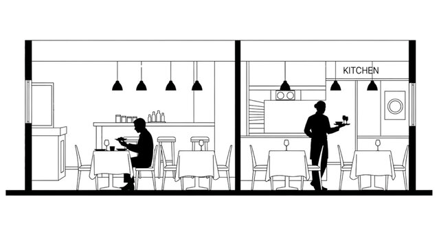 High-quality black continuous line art of a restaurant side view floor plan with black silhouette diner seated at table and staff serving, modern dining interior illustration