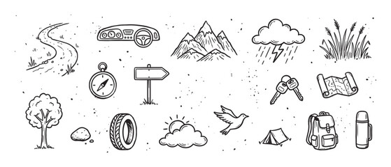 Obraz premium Collection of hand-drawn travel icons for road trips and camping adventures, featuring a map, compass, tent, and car in a black and white doodle sketch illustration style