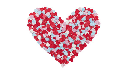 Heart shape made of red and pink flowers forming romantic love symbol isolated on white background for Valentine designs