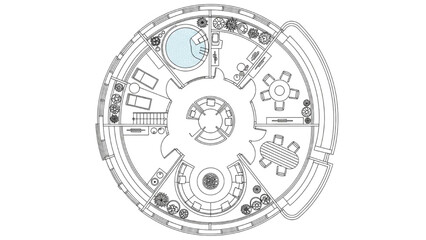 Fototapeta premium High-quality black continuous line art of a modern round rooftop terrace floor plan, circular architecture and outdoor living illustration