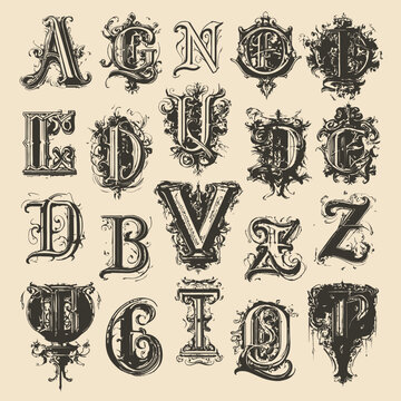 Ornate Vintage Alphabet Letters Collection, Decorative Calligraphic Typography Initials, Retro Design Elements
