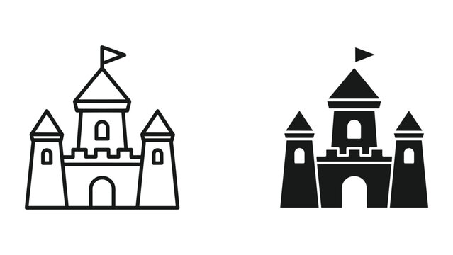 Simple castle icon set with flag on top