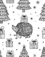 Black and white illustration featuring a charming hedgehog carrying gifts, surrounded by festive trees and present boxes, perfect for holiday-themed designs