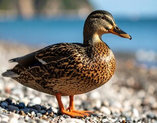 A close-up shows a female waterfowl on a pebbled beach. The ocean stretches into the background. Sunny day, bright and detailed