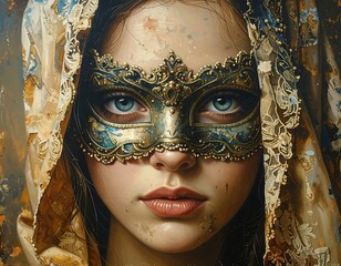 A woman's portrait, wearing ornate mask, ornate fabric adorns head