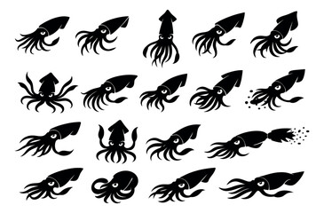 Fototapeta premium Graphic squid set featuring various marine animal poses for ocean-themed design