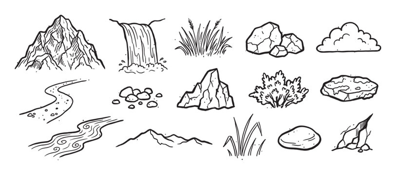 Set of hand-drawn nature landscape elements featuring mountains, a waterfall, rocks, a river, grass, and a cloud in a black and white doodle sketch style for outdoor themes