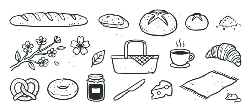 Hand-drawn picnic food and items collection in a black and white doodle style, featuring a basket, bread, cheese, croissant, donut, coffee, and a flowering cherry blossom branch