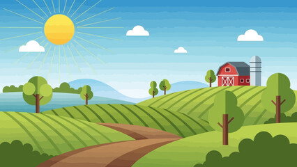 Fototapeta premium Countryside Serenity: A quaint rural scene, showcasing a charming red barn nestled amidst rolling hills under a radiant sun, creating a picturesque landscape.