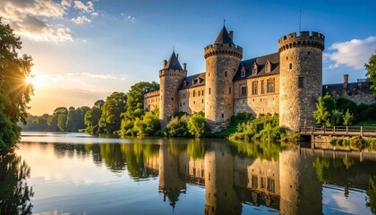 Majestic stone castle with towers on a lake reflecting golden sunrise light