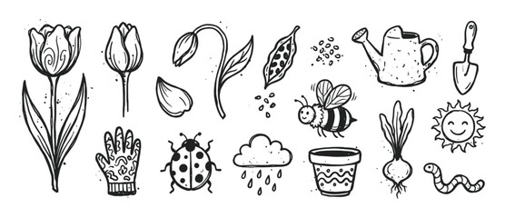 Hand-drawn black and white gardening doodle set with tulips, a bee, a watering can, and other spring icons in a charming, sketchy, textured line art illustration style
