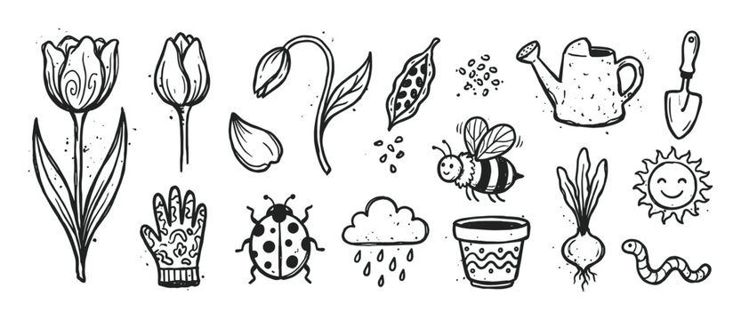 Hand-drawn black and white gardening doodle set with tulips, a bee, a watering can, and other spring icons in a charming, sketchy, textured line art illustration style