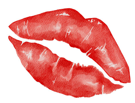 Imprint Seductive lips wearing red lipstick. Kiss mark in watercolor on transparent background. Alluring pinkish red lipstick kiss mark as signature.
