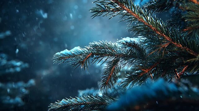 Snowflakes gently fall on frosty pine tree branches in a serene winter landscape scene.