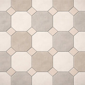 Seamless octagonal floor tile texture with beige and grey geometric ceramic pattern