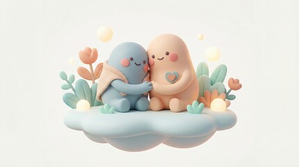 Whimsical 3D Cartoon Characters Embracing on Cloud