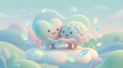 Cute Heart and Brain Embrace in Dreamy Landscape