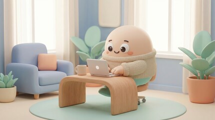 Cute Cartoon Character Working on Laptop at Home