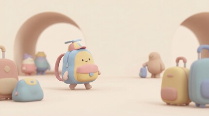 Cute Cartoon Characters with Luggage in Playful Setting