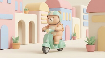 Cute Bear on Scooter in Colorful Cartoon City