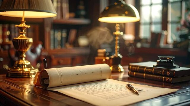 Elegant vintage desk scene featuring a scroll, books, and a golden pen under warm lighting.