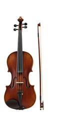 Fototapeta premium An elegant antique stradivarius-style violin with a bow on a transparent background with copy space, concept of classical music and artistic passion