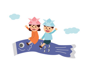 鯉のぼりに乗っている子ども達