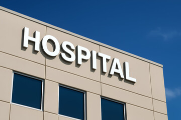 Obraz premium A hospital building with beige walls and three square windows, featuring large white letters spelling 