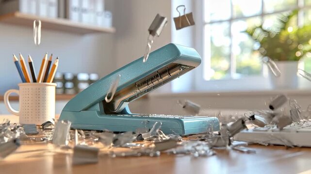 Blue stapler exploding with l staples on a wooden desk in office.