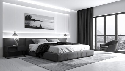 Modern, grayscale bedroom with large bed, art, window, chair, and minimalist design