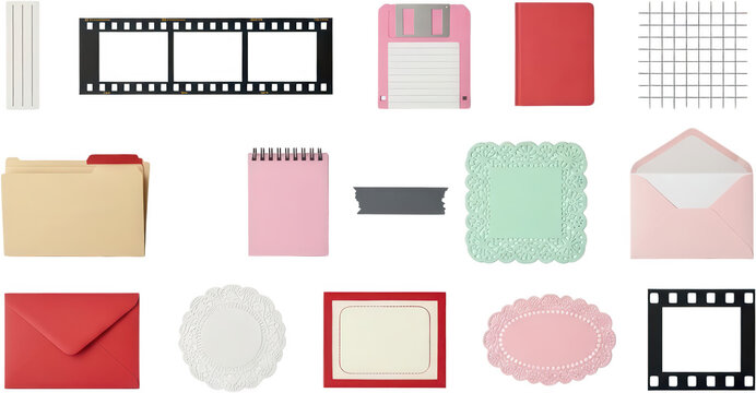 A collection of assorted office supplies retro storage media paper stationery elements and decorative doilies featuring envelopes and note pads folder floppy disk film strip transparent background
