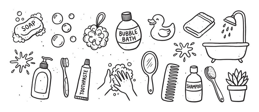 Hand drawn black and white bathroom icons set featuring soap, shampoo, toothbrush, and a rubber duck in a cute doodle sketch style for hygiene and self care concepts