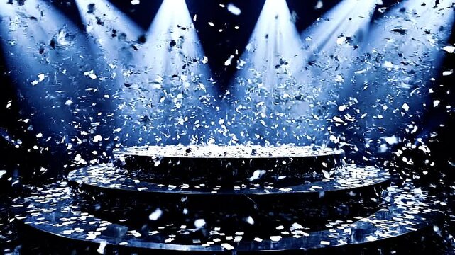 Silver confetti falling on empty stage podium, illuminated theater spotlight background, festive award ceremony platform
