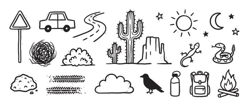 Hand drawn doodle icon set of desert road trip elements including a car, cactus, snake, and campfire in a simple black and white sketch style for travel and adventure concepts
