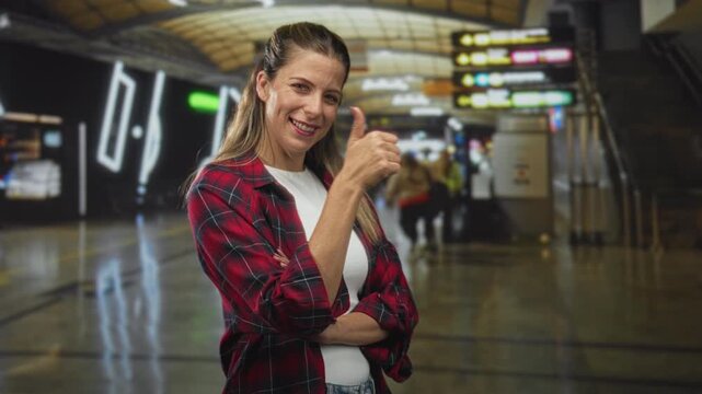 Woman smiling with crossed arms and thumb gesture in airport concourse, wearing red plaid flannel shirt and jeans; confidence optimism.