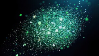Abstract Green Glitter Explosion on Black Background Creates a Magical Effect.