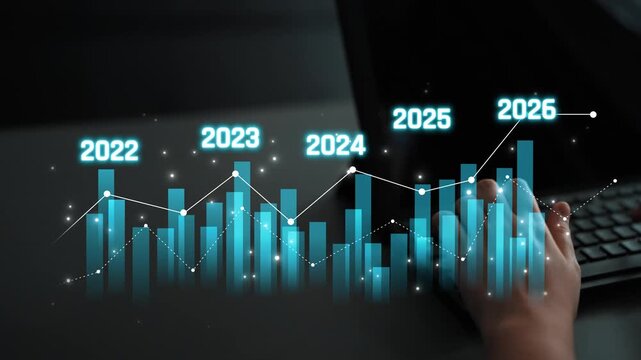 Business bar chart and line graph showing yearly business growth from 2022 to new year 2026, represent data analytics, future 2026 planning, business 2026 trend, and performance analysis 2026 Marrow
