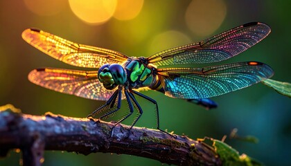 Vibrant Dragonfly Perched on Branch Closeup.
