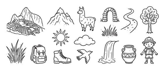 Set of hand-drawn doodle illustrations featuring travel and adventure elements like mountains, a llama, ruins, and hiking gear in a simple black and white line art style