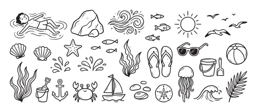 Large set of hand-drawn summer beach doodles featuring a crab, jellyfish, sailboat, and other vacation elements in a simple black and white line art illustration style