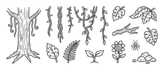 Obraz premium Collection of hand-drawn jungle elements featuring a tree trunk, hanging liana vines, tropical leaves, a flower, and an insect in a black and white doodle sketch illustration style