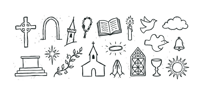 Hand-drawn Christian religious symbols collection featuring a cross, church, bible, rosary, and dove in a minimalist black line art sketch style for spiritual faith concepts