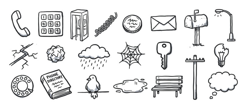 Large set of hand-drawn doodle icons featuring various communication, urban, and abstract elements in a black and white sketchy cartoon style