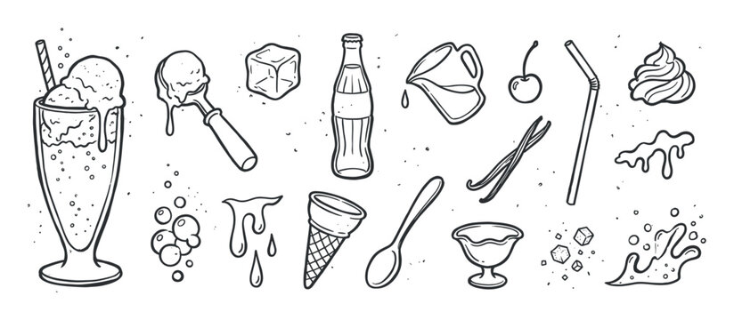 Hand-drawn black and white set of ice cream float ingredients including a milkshake, soda bottle, scoop, cherry, and vanilla beans in a vintage doodle sketch illustration style